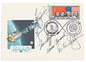 (ASTRONAUTS--APOLLO-SOYUZ.) Three First Day Covers, each Signed by members of the prime crew, the cosmonauts in Cyrillic,